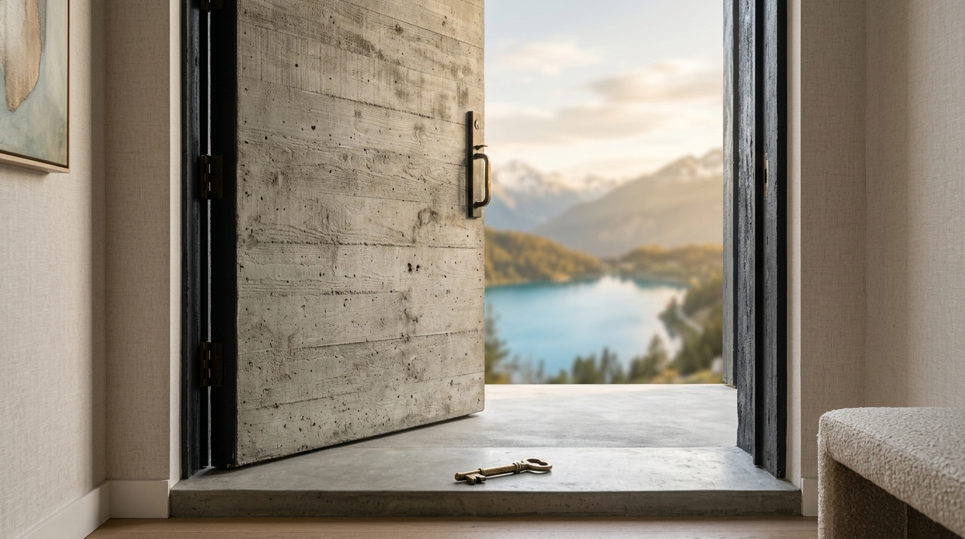 The threshold — concrete door, lake view, brass key. Seefeld, Zürich.