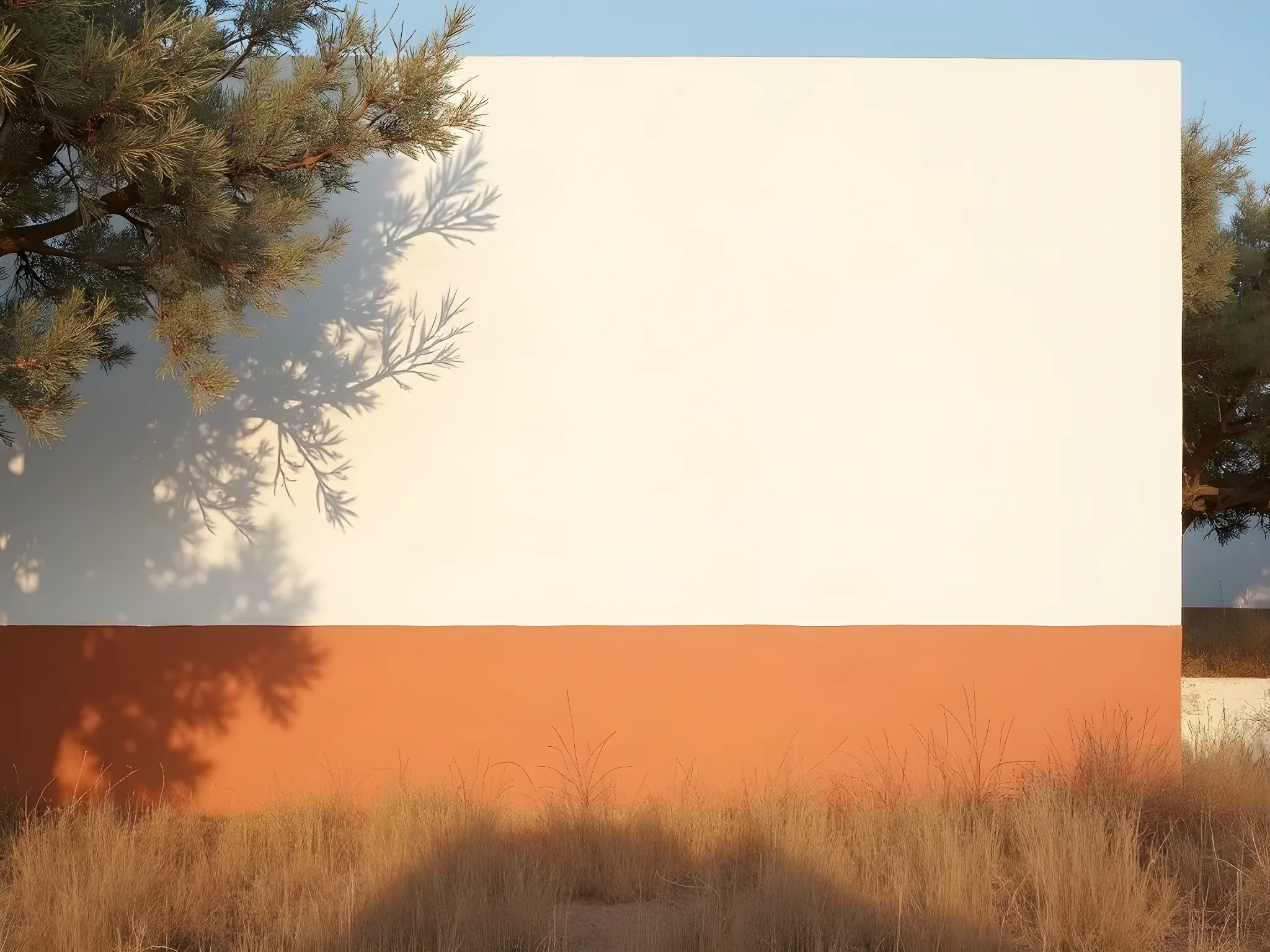 The whitewashed estate wall at Herdade do Freixo do Meio, one painted terracotta line across its foot, holm-oak shadow and dry Alentejo grass