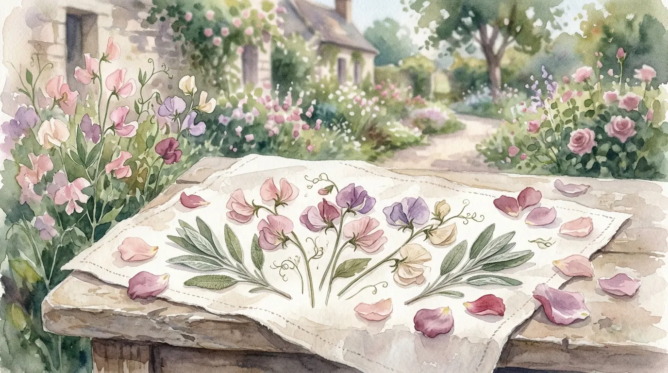 Direction A for a wedding — a soft garden watercolour world of sweet peas and pressed petals