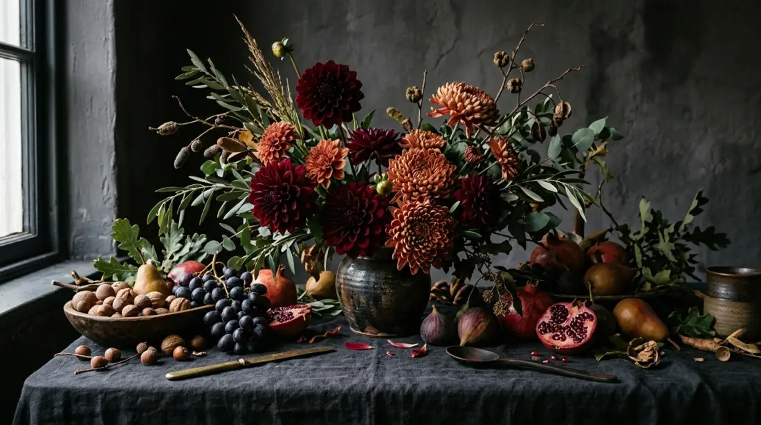 Direction B for a wedding — a dark, moody still-life world of velvet dahlias and pomegranates