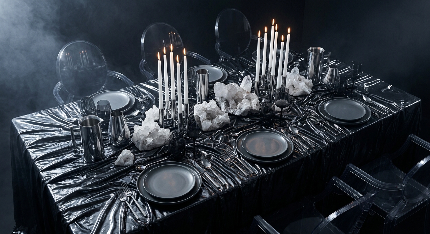 Direction A — Liquid Obsidian tablescape