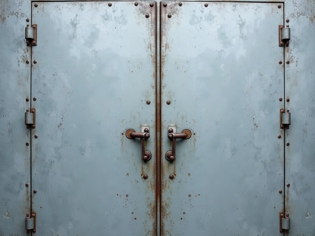 The cast-iron doors of the 1911 ice house at 14 Commercial Quay, Leith — zinc-grey, rivetted, rust bleeding from the hinges.