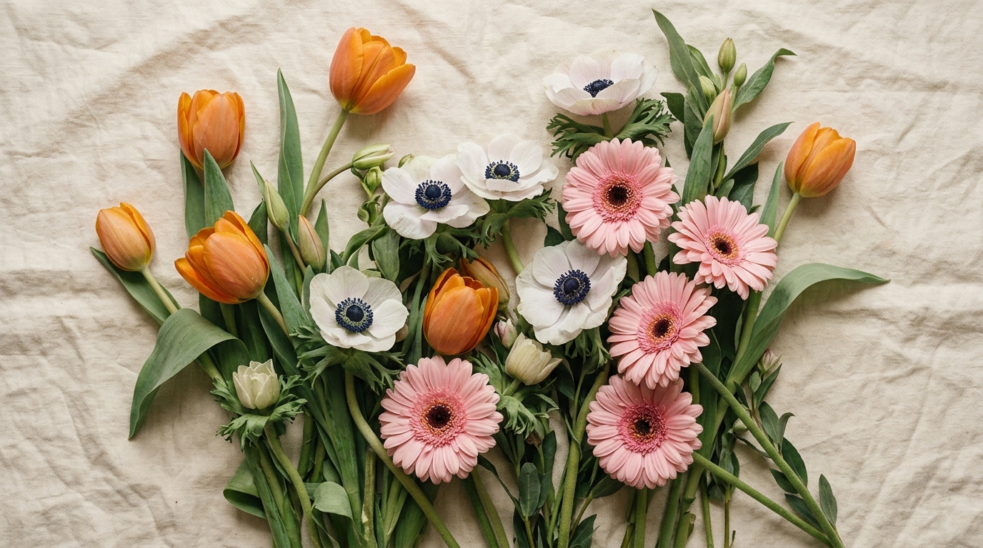 Editorial botanical still life — a gathering of flowers