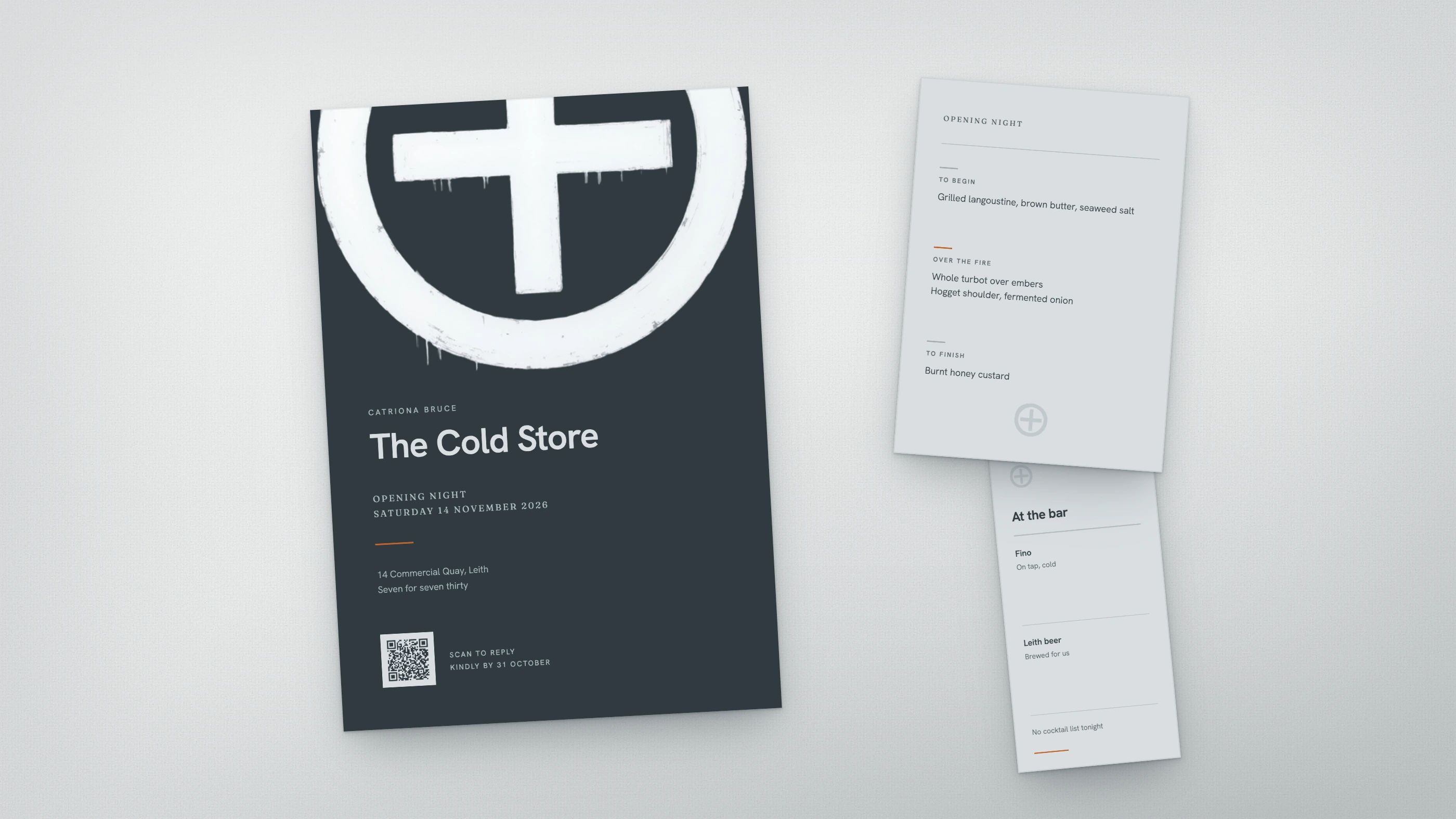 The delivered The Cold Store invitation, The Cold Store menu card, The Cold Store bar and drink menu, laid out on this suite's own ground.