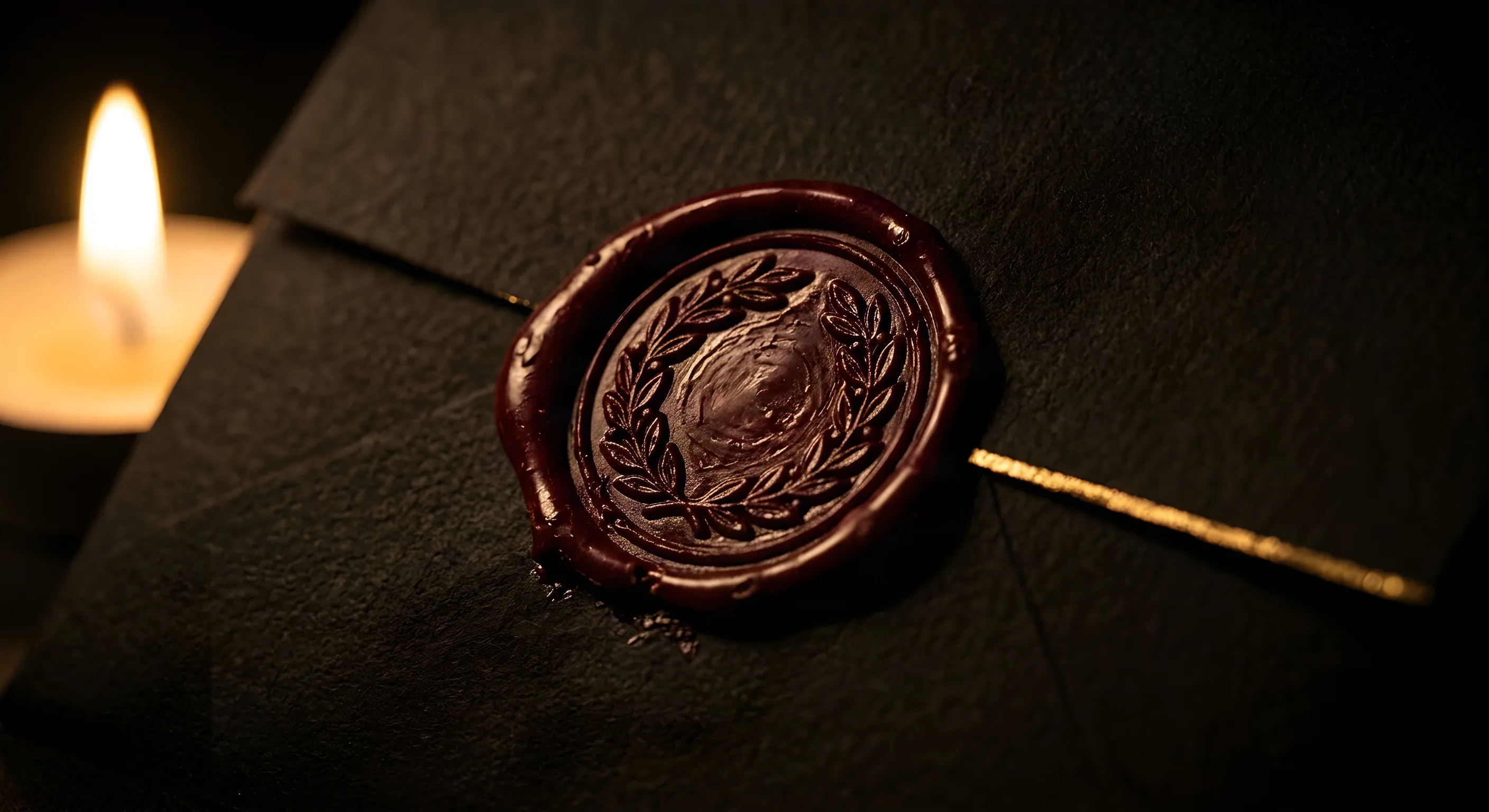A near-black folio closed with a deep Bordeaux wax seal struck with a laurel wreath, lit by a single candle.